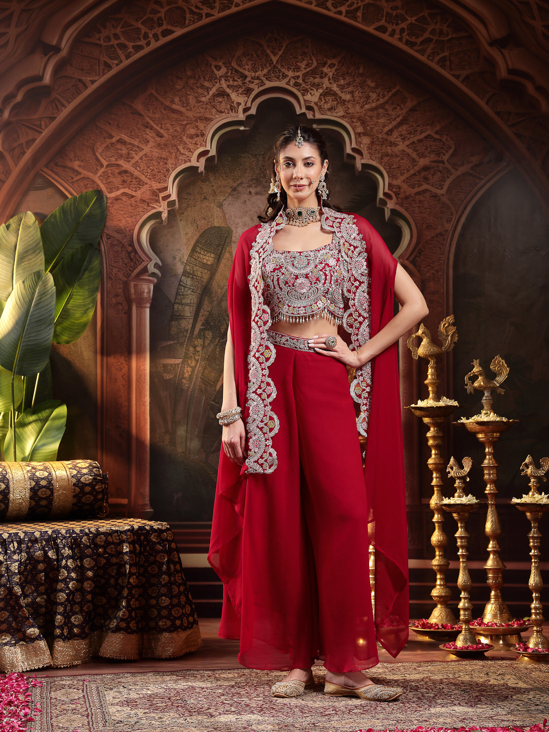 Women's Pink Solid & Embroidered Georgette Co-ord Set