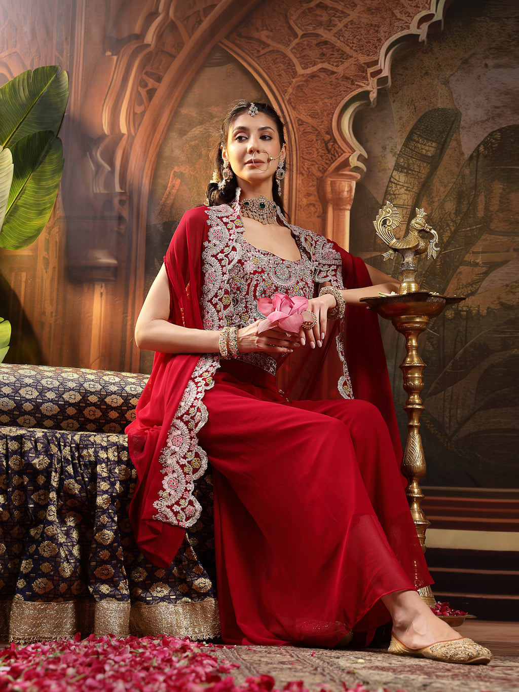 Women's Pink Solid & Embroidered Georgette Co-ord Set