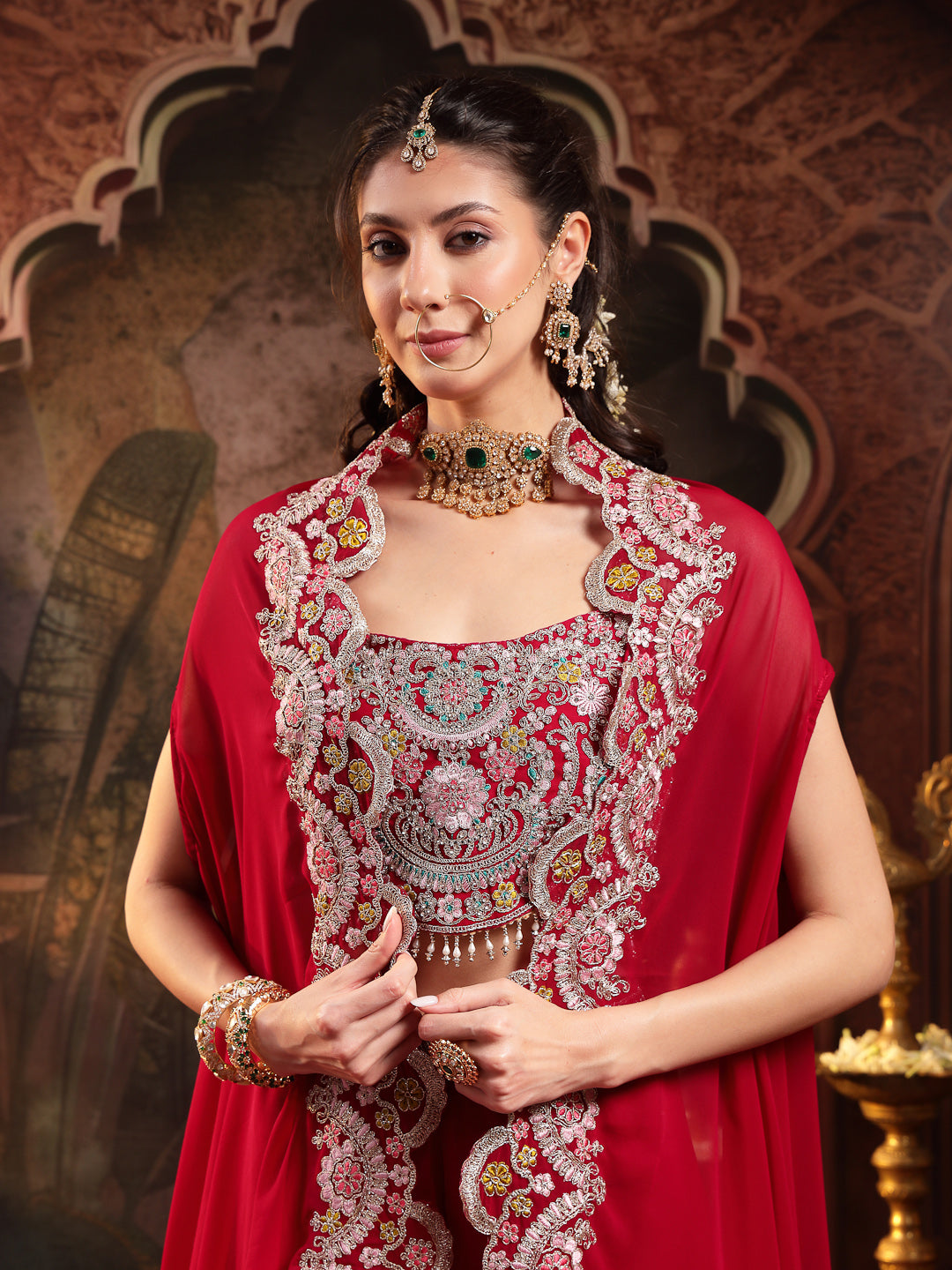 Women's Pink Solid & Embroidered Georgette Co-ord Set