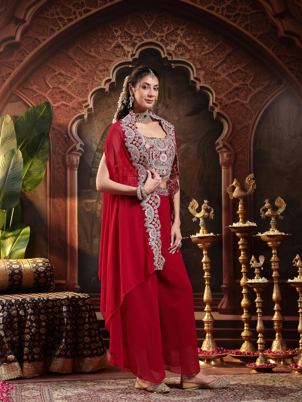 Women's Pink Solid & Embroidered Georgette Co-ord Set