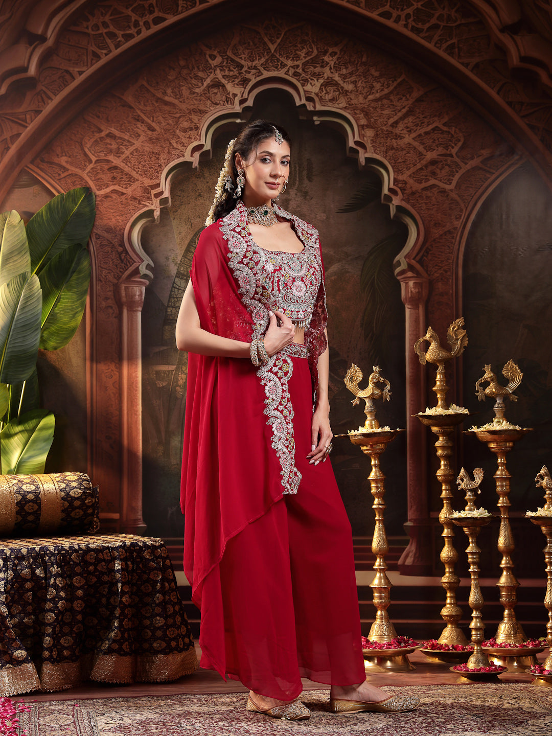 Women's Pink Solid & Embroidered Georgette Co-ord Set