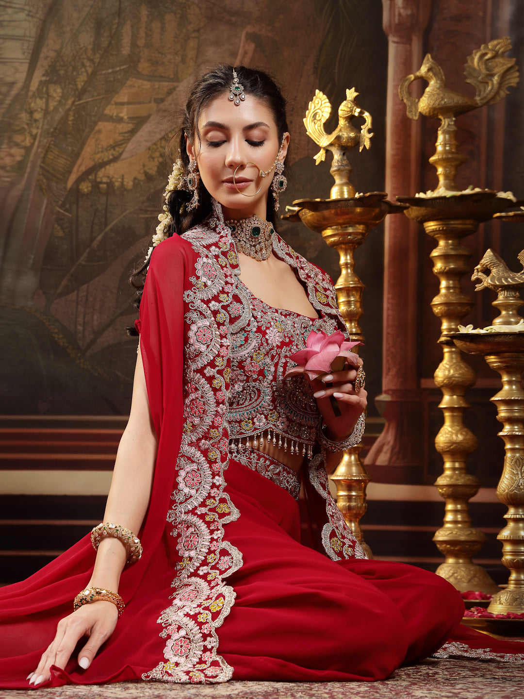 Women's Pink Solid & Embroidered Georgette Co-ord Set