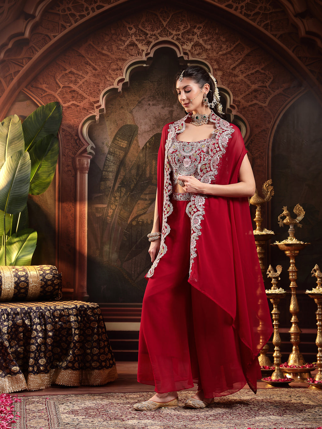 Women's Pink Solid & Embroidered Georgette Co-ord Set