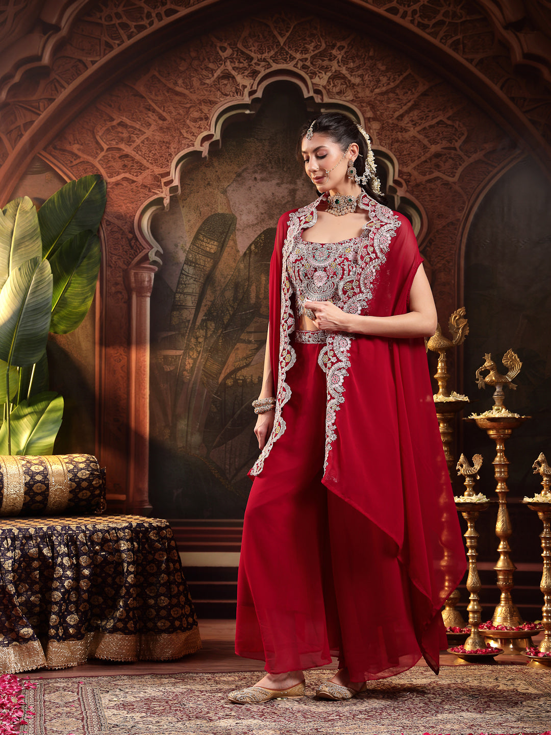 Women's Pink Solid & Embroidered Georgette Co-ord Set