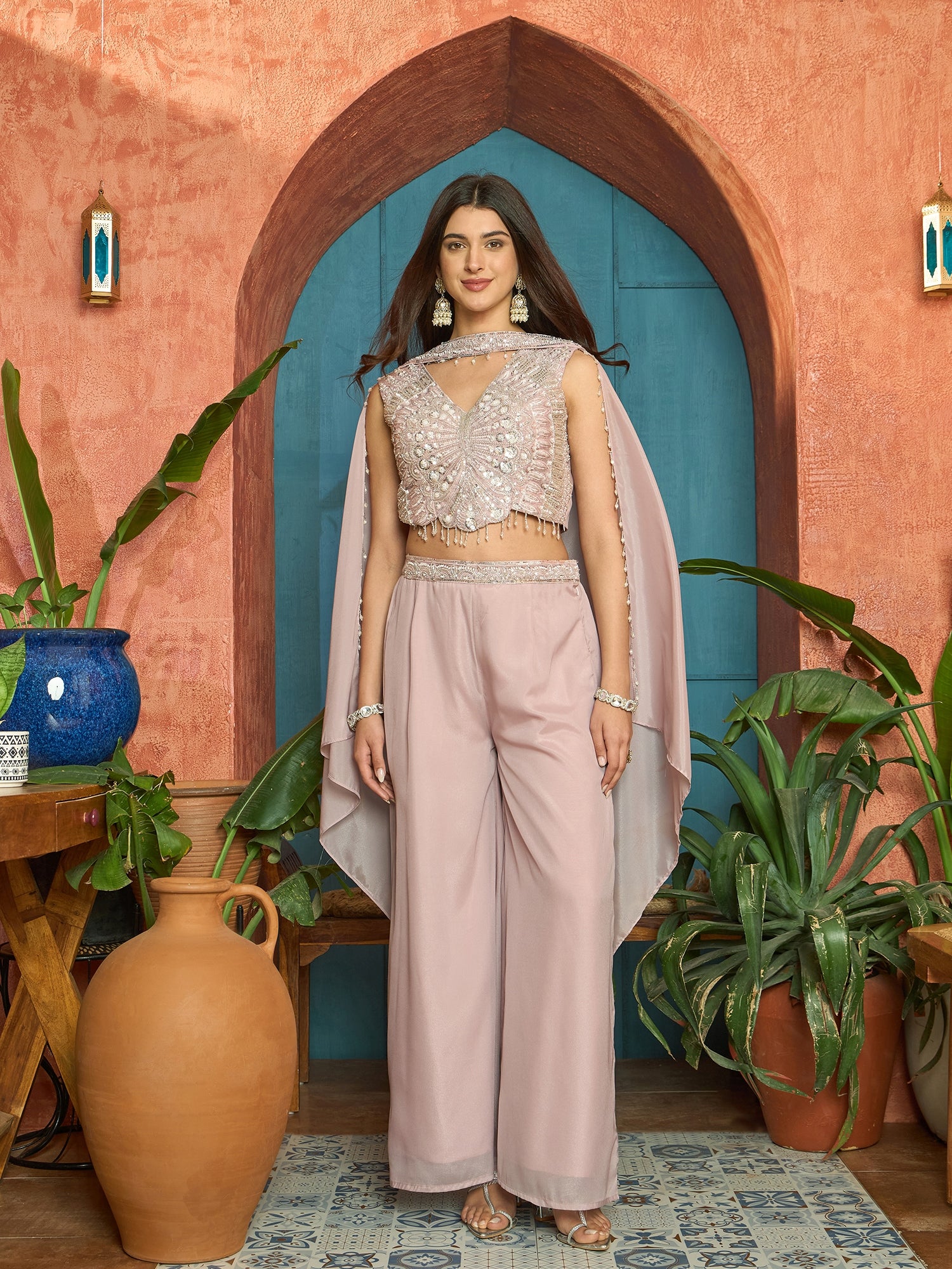 Women's Pink Solid & Embroidered Poly Georgette Co-Ord Set