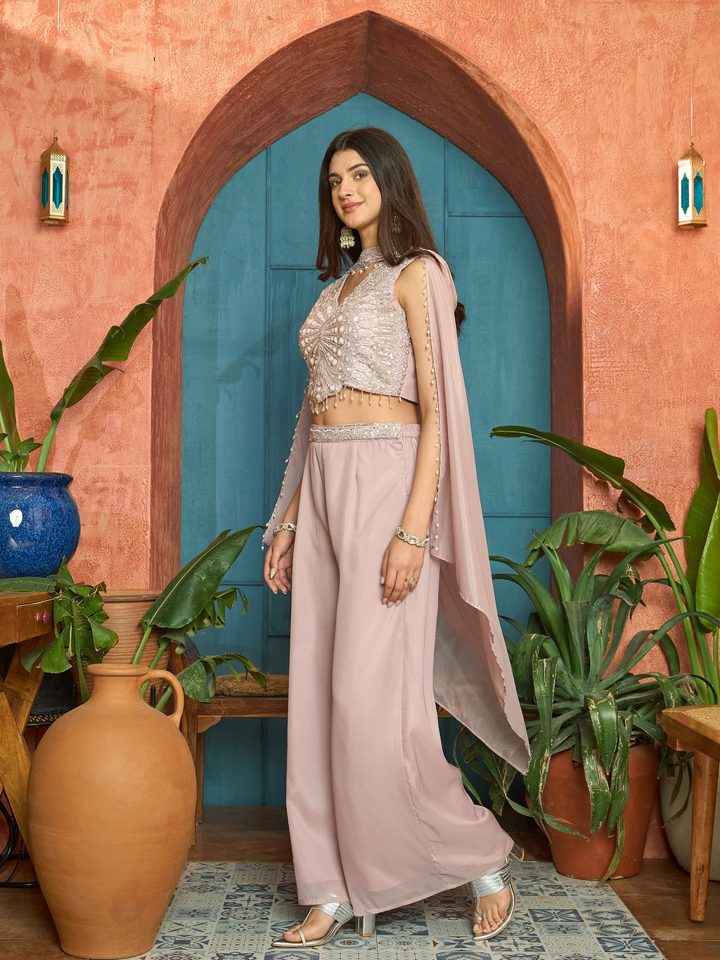 Women's Pink Solid & Embroidered Poly Georgette Co-Ord Set