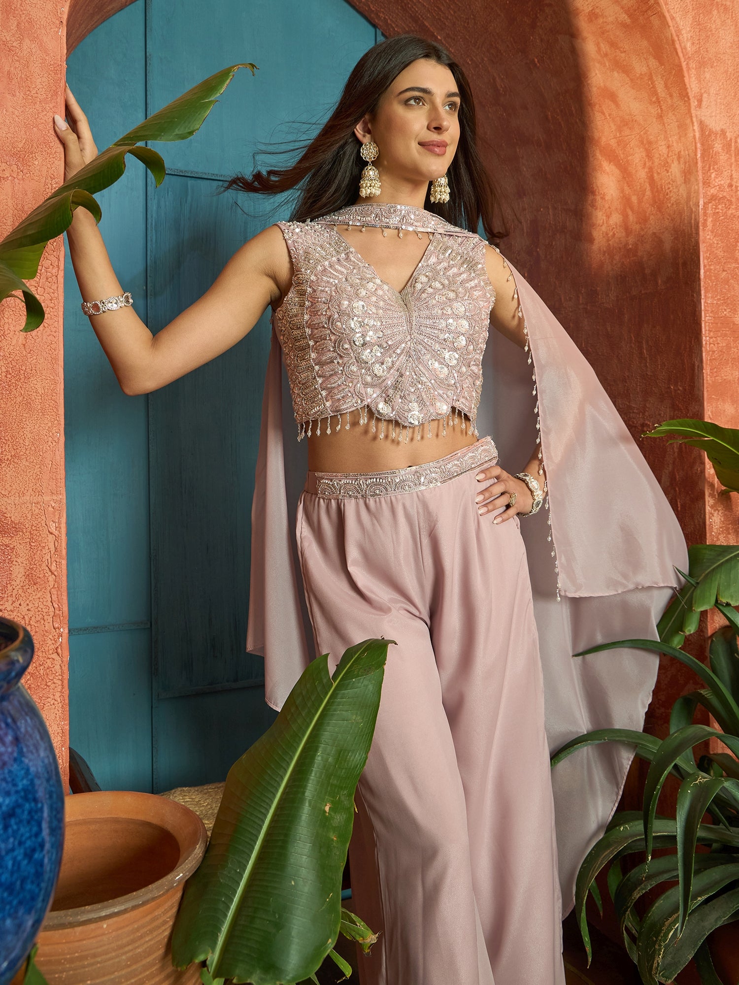 Women's Pink Solid & Embroidered Poly Georgette Co-Ord Set