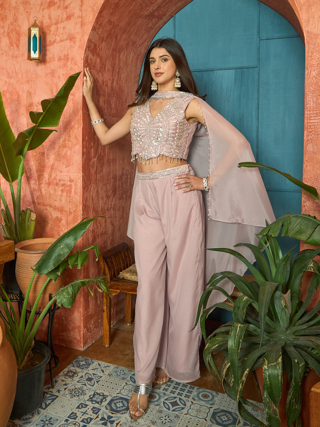 Women's Pink Solid & Embroidered Poly Georgette Co-Ord Set