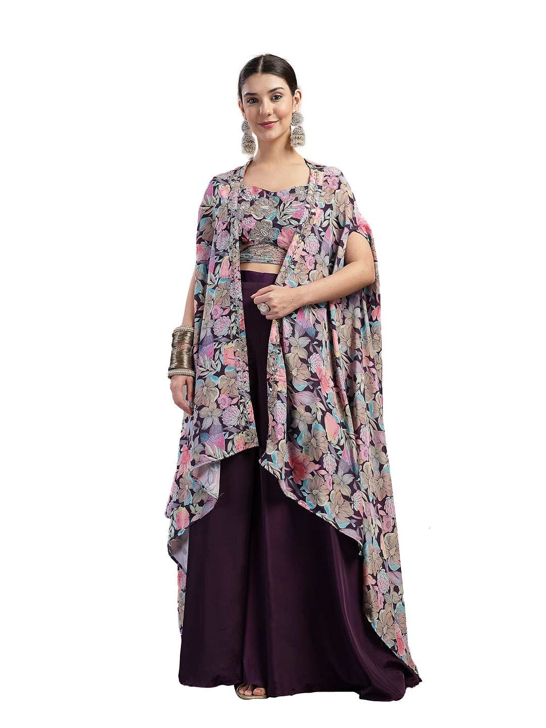 Women's Purple Floral Printed & Embroidered Silk Blend Co-Ords Set