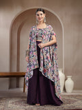 Women's Purple Floral Printed & Embroidered Silk Blend Co-Ords Set