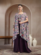 Women's Purple Floral Printed & Embroidered Silk Blend Co-Ords Set