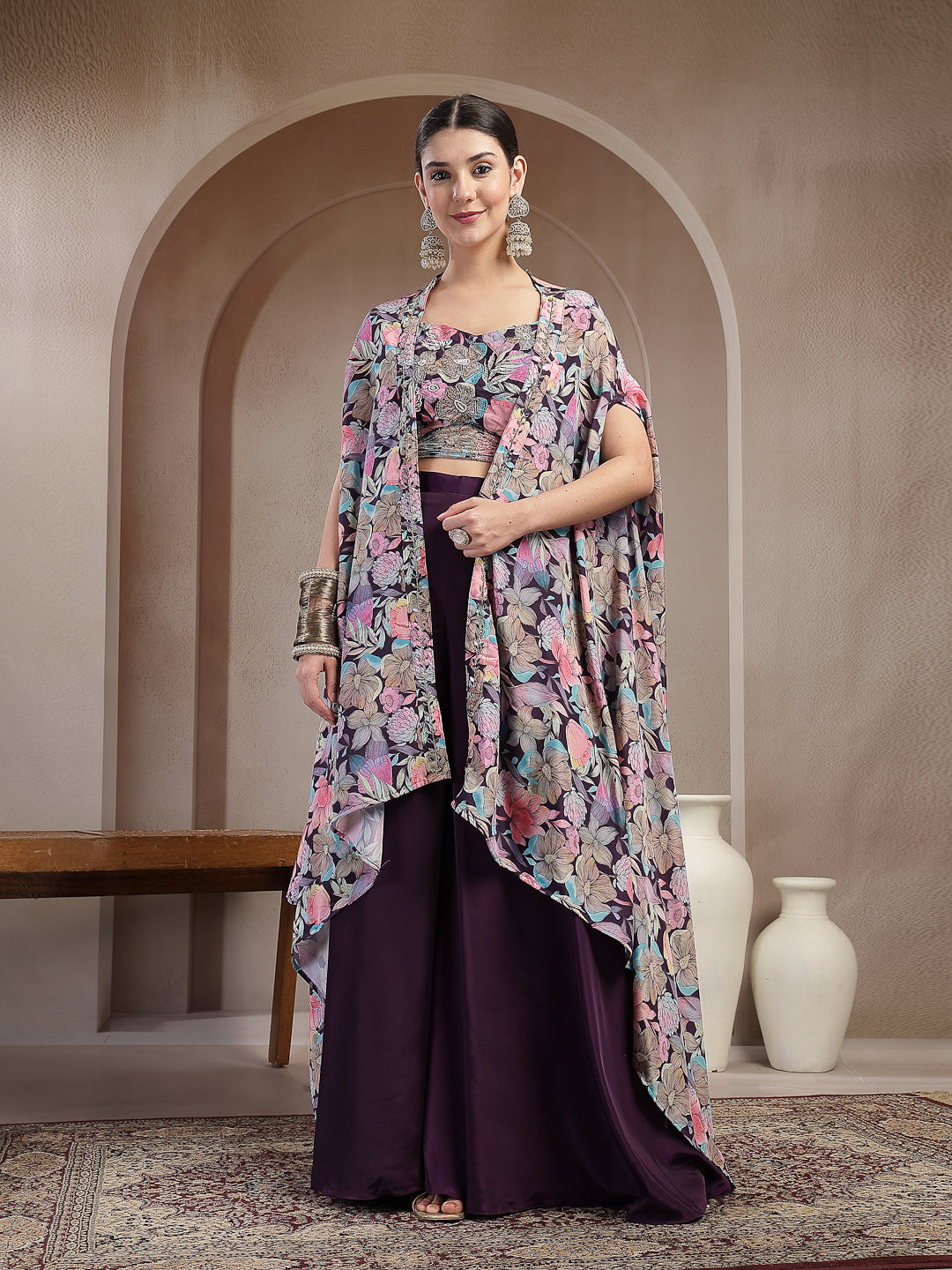 Women's Purple Floral Printed & Embroidered Silk Blend Co-Ords Set