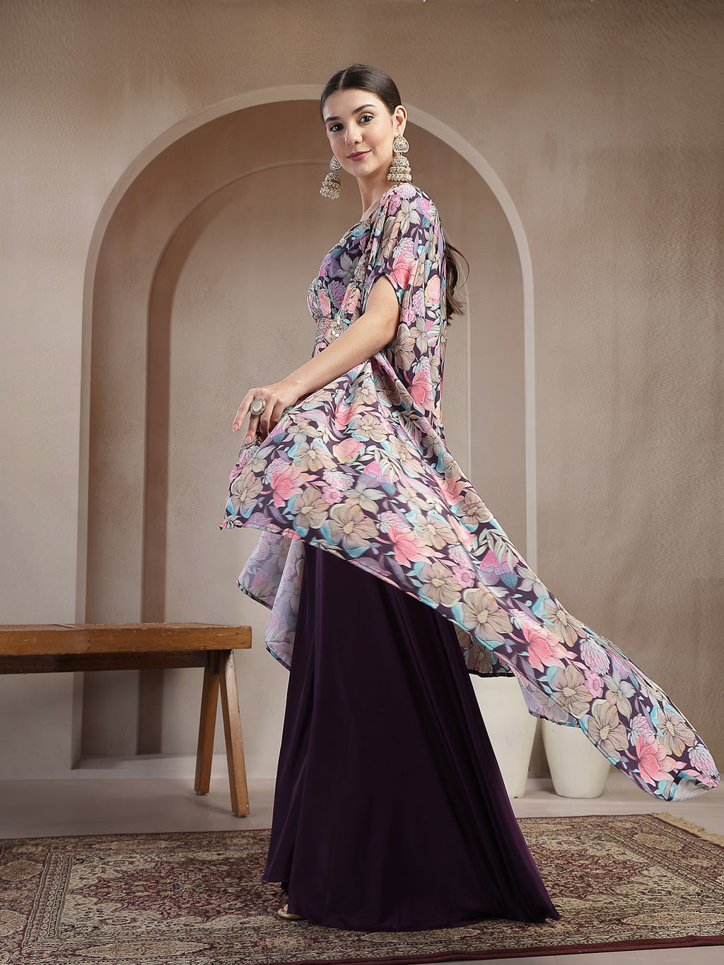 Women's Purple Floral Printed & Embroidered Silk Blend Co-Ords Set