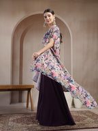 Women's Purple Floral Printed & Embroidered Silk Blend Co-Ords Set