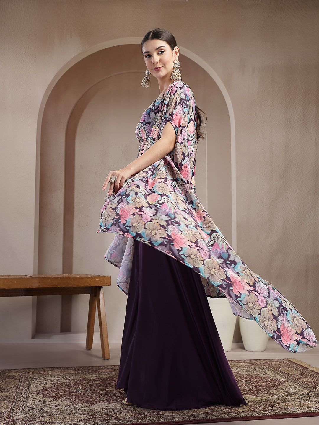 Women's Purple Floral Printed & Embroidered Silk Blend Co-Ords Set
