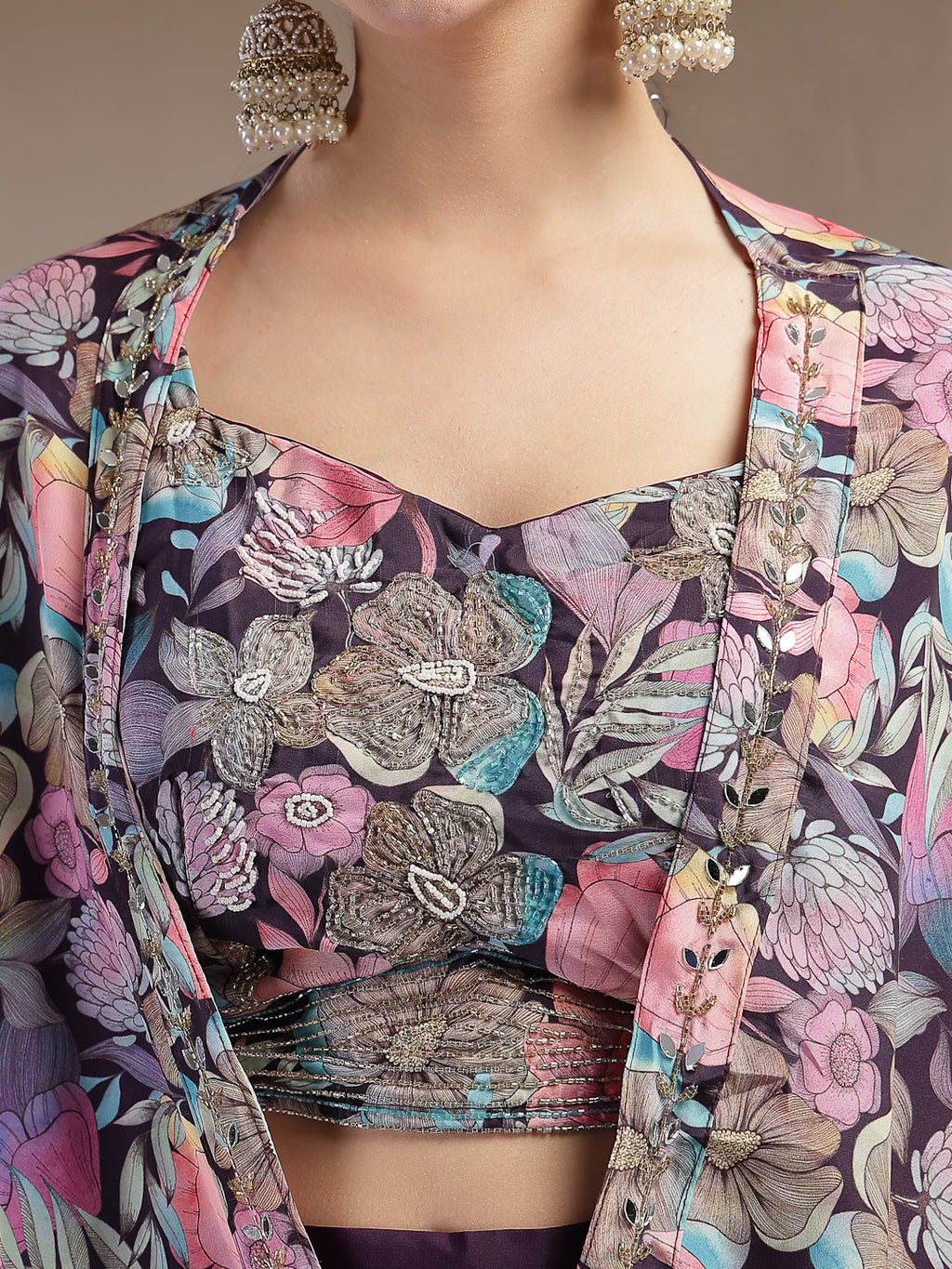 Women's Purple Floral Printed & Embroidered Silk Blend Co-Ords Set