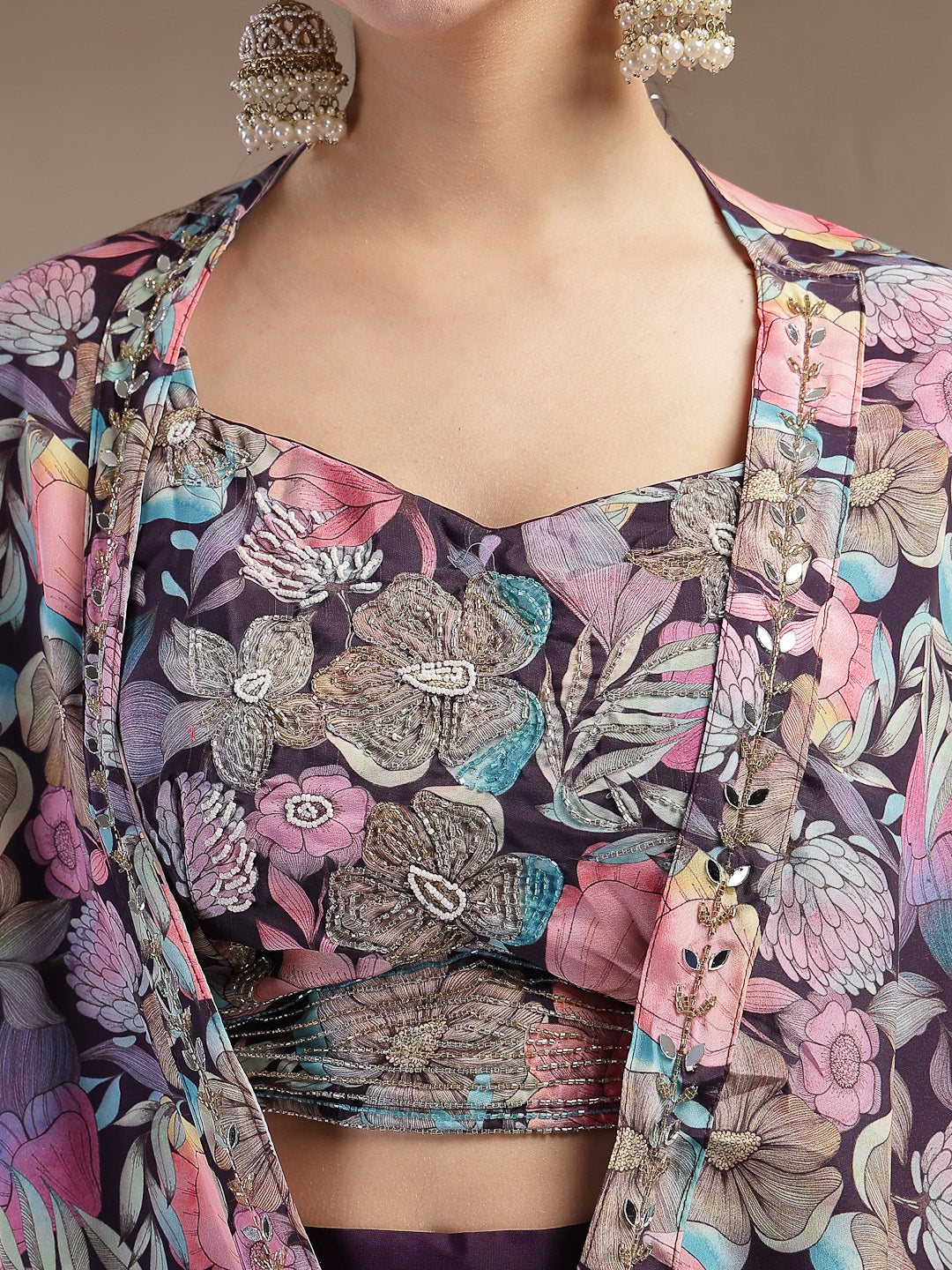 Women's Purple Floral Printed & Embroidered Silk Blend Co-Ords Set