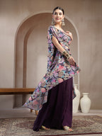 Women's Purple Floral Printed & Embroidered Silk Blend Co-Ords Set