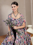 Women's Purple Floral Printed & Embroidered Silk Blend Co-Ords Set