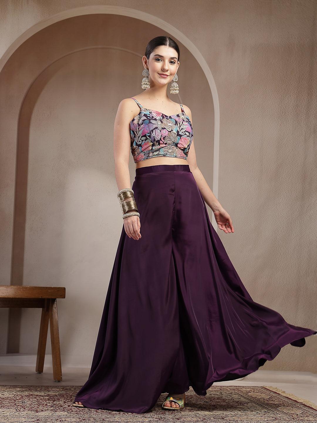 Women's Purple Floral Printed & Embroidered Silk Blend Co-Ords Set