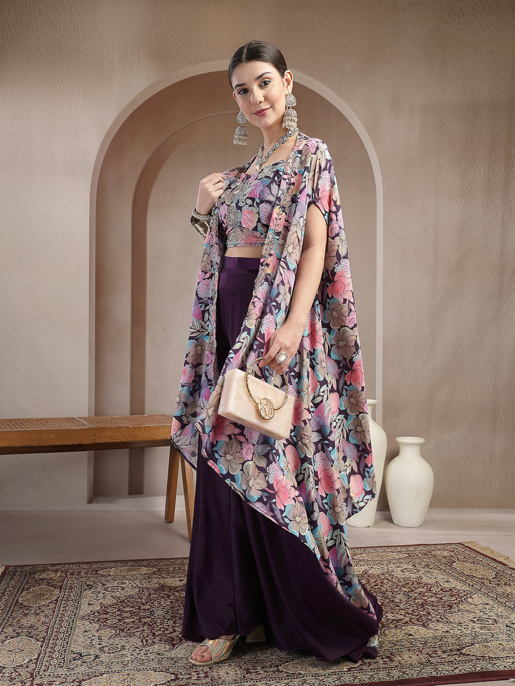 Women's Purple Floral Printed & Embroidered Silk Blend Co-Ords Set