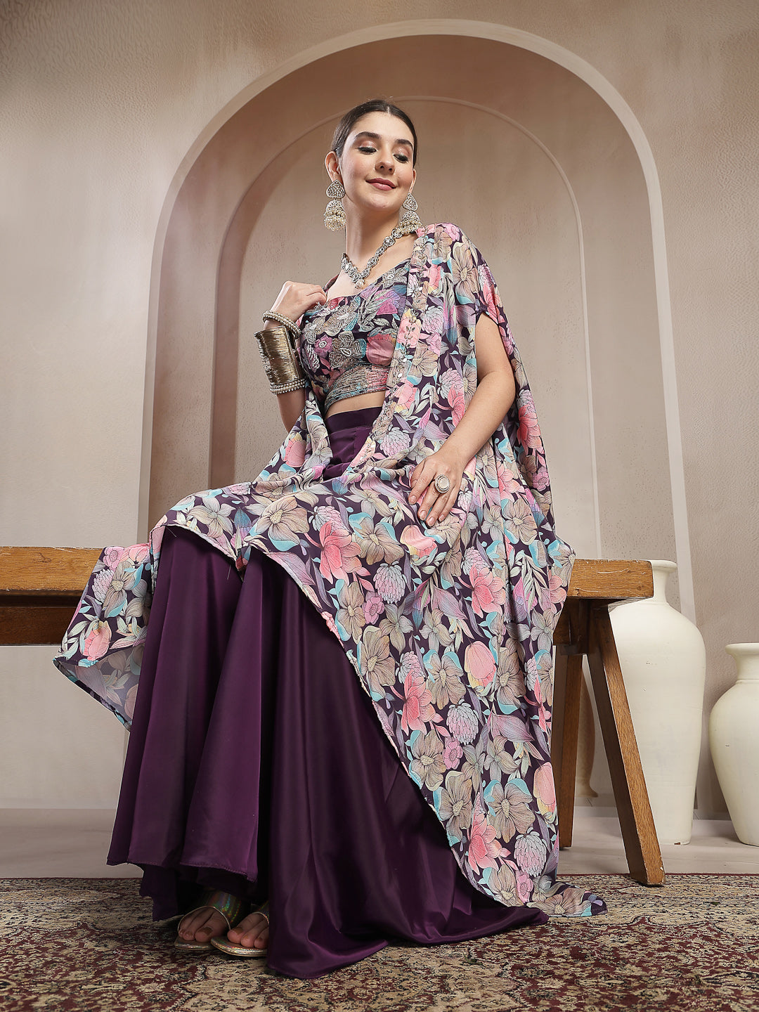 Women's Purple Floral Printed & Embroidered Silk Blend Co-Ords Set
