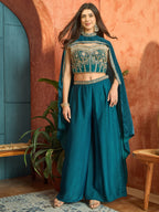 Women's Teal Solid & Embroidered Velvet Co-Ord Set