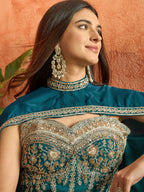 Women's Teal Solid & Embroidered Velvet Co-Ord Set