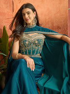 Women's Teal Solid & Embroidered Velvet Co-Ord Set