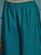 Women's Teal Solid & Embroidered Velvet Co-Ord Set
