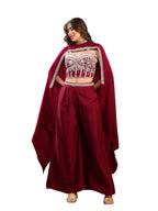 Women's Wine Solid & Embroidered Velvet Co-Ord Set