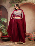 Women's Wine Solid & Embroidered Velvet Co-Ord Set