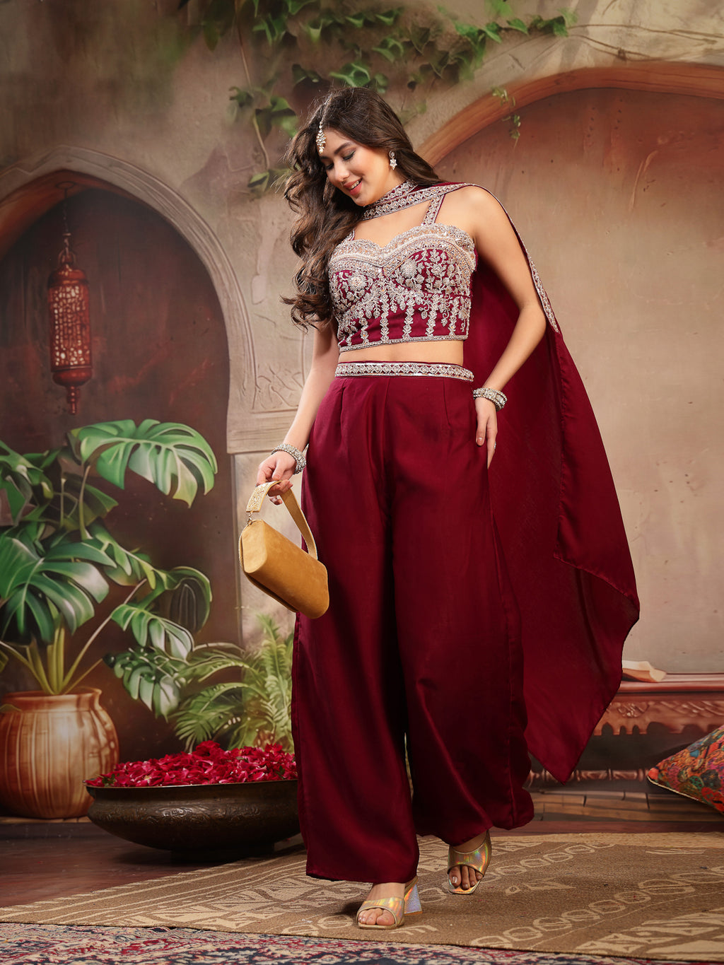 Women's Wine Solid & Embroidered Velvet Co-Ord Set