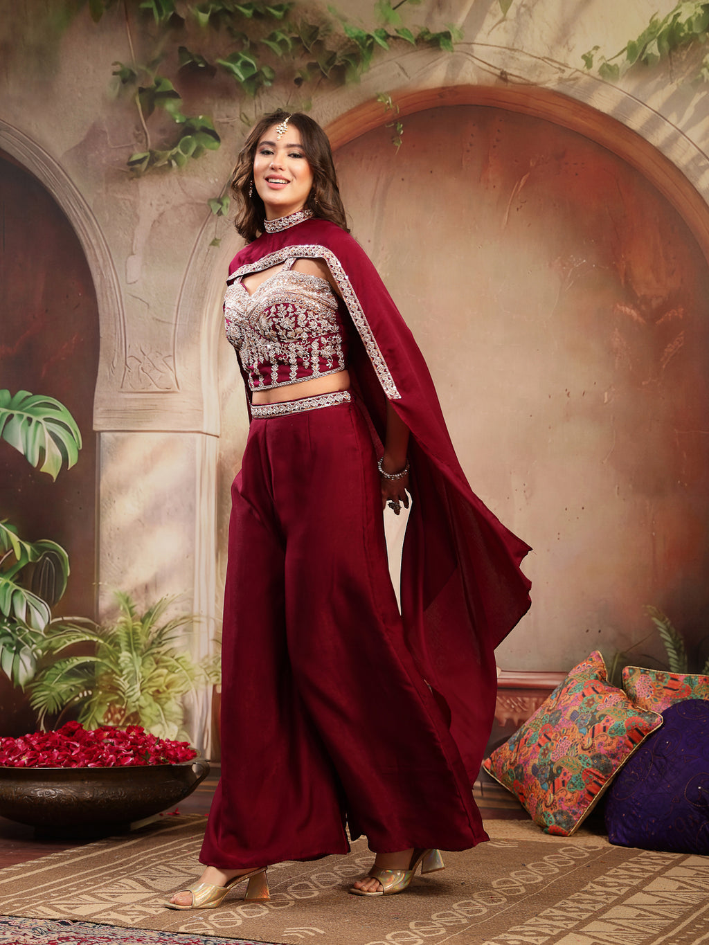 Women's Wine Solid & Embroidered Velvet Co-Ord Set