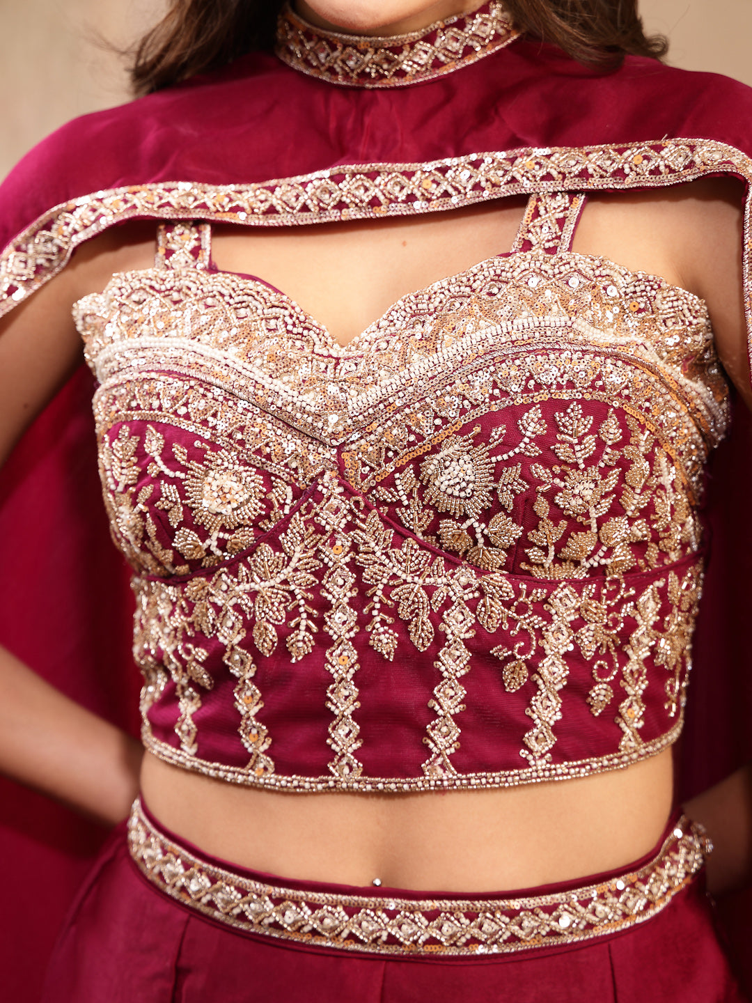 Women's Wine Solid & Embroidered Velvet Co-Ord Set