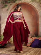 Women's Wine Solid & Embroidered Velvet Co-Ord Set