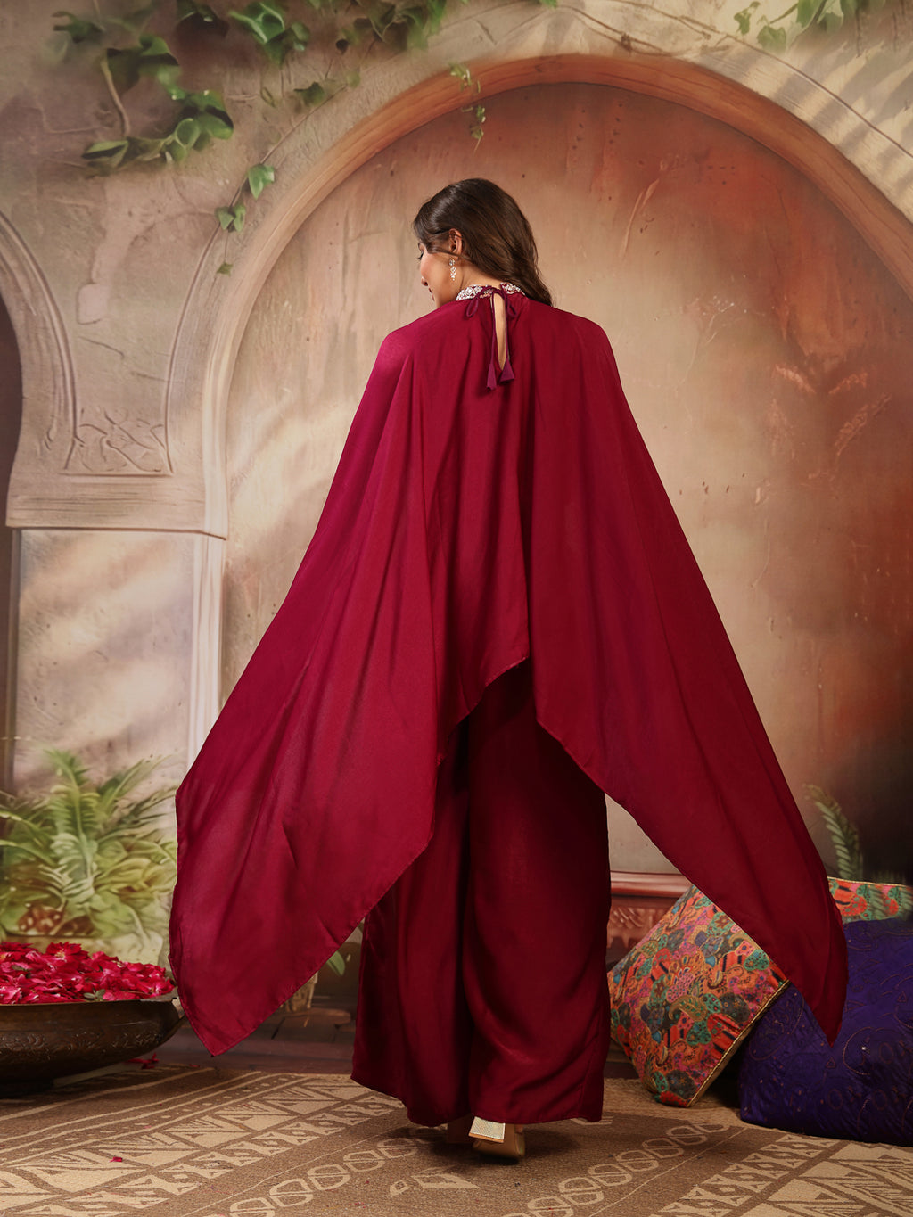 Women's Wine Solid & Embroidered Velvet Co-Ord Set