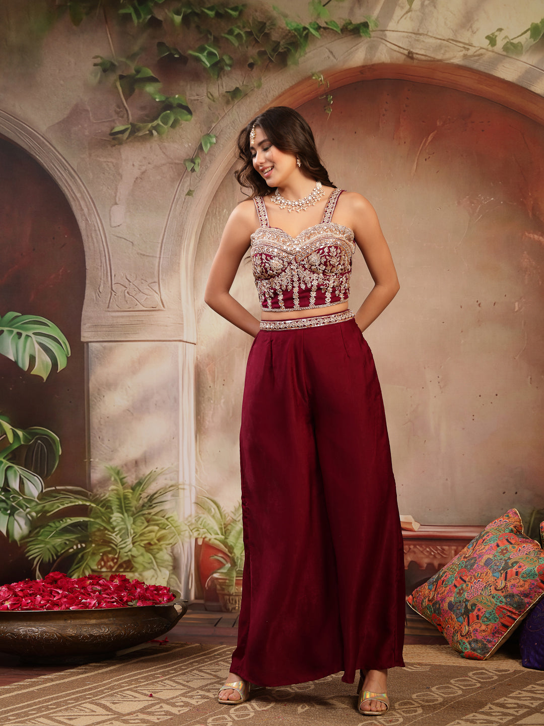 Women's Wine Solid & Embroidered Velvet Co-Ord Set