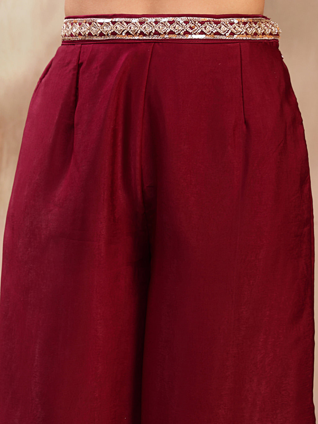 Women's Wine Solid & Embroidered Velvet Co-Ord Set