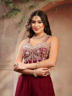 Women's Wine Solid & Embroidered Velvet Co-Ord Set