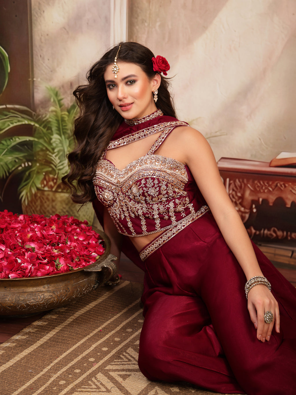 Women's Wine Solid & Embroidered Velvet Co-Ord Set