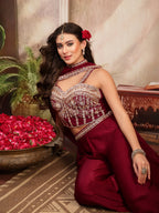 Women's Wine Solid & Embroidered Velvet Co-Ord Set