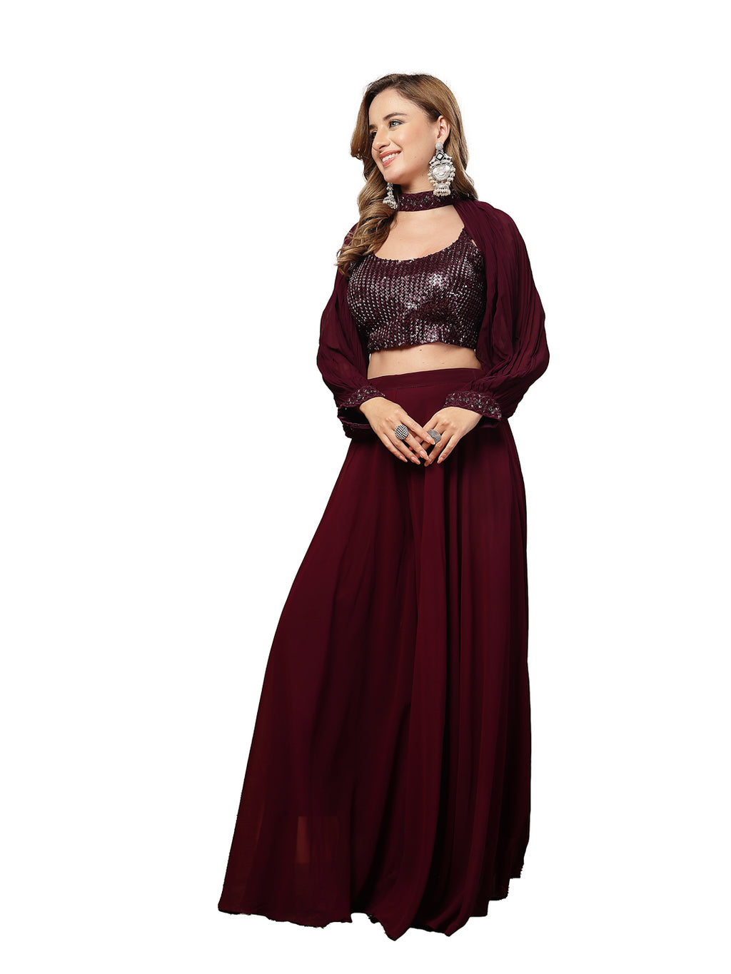 Women's Wine Solid & Embroidered Georgette Co-Ord Set
