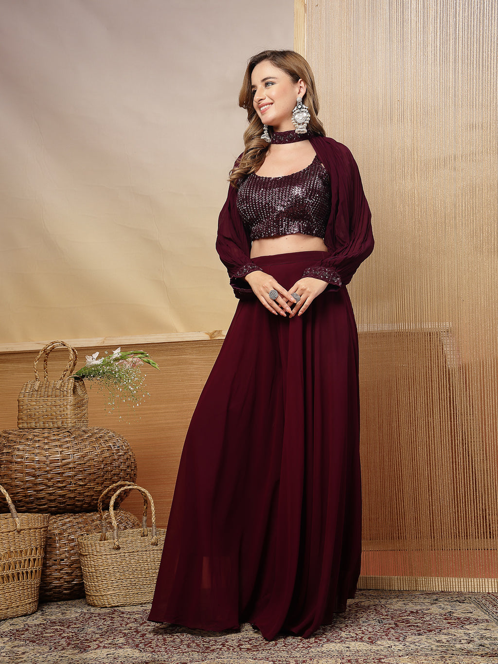 Women's Wine Solid & Embroidered Georgette Co-Ord Set