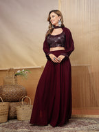 Women's Wine Solid & Embroidered Georgette Co-Ord Set