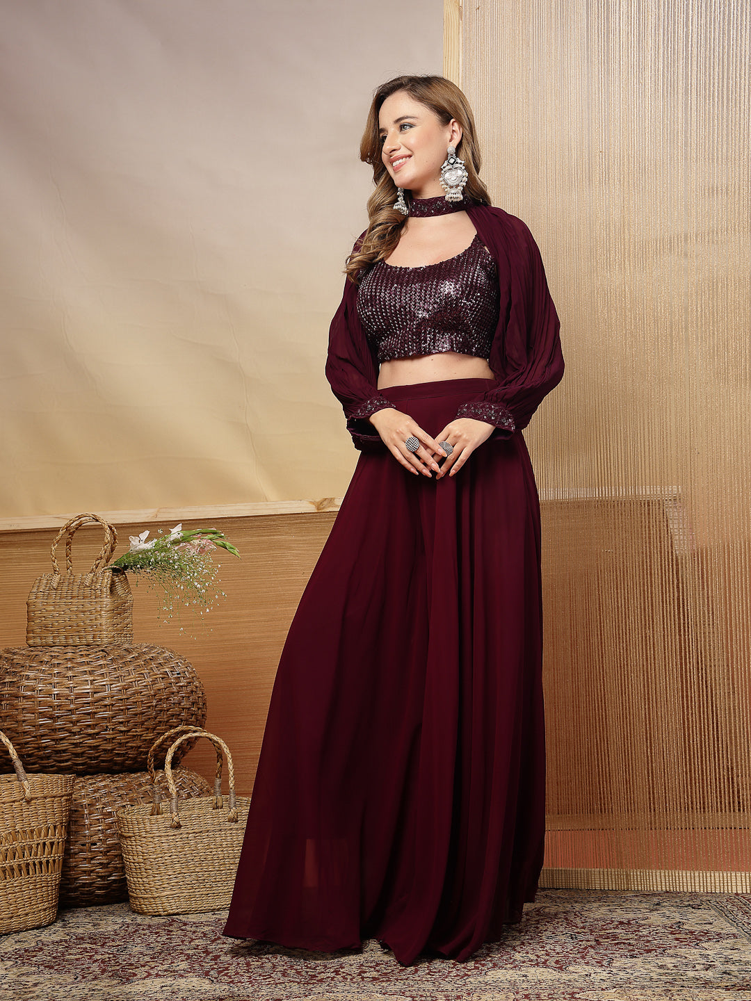 Women's Wine Solid & Embroidered Georgette Co-Ord Set