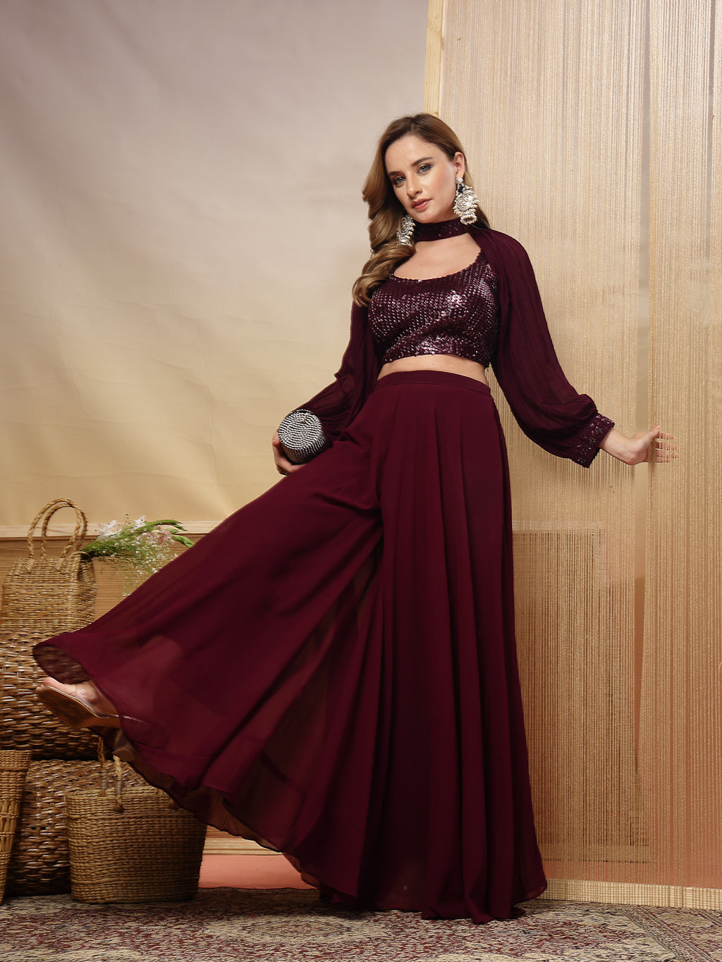 Women's Wine Solid & Embroidered Georgette Co-Ord Set
