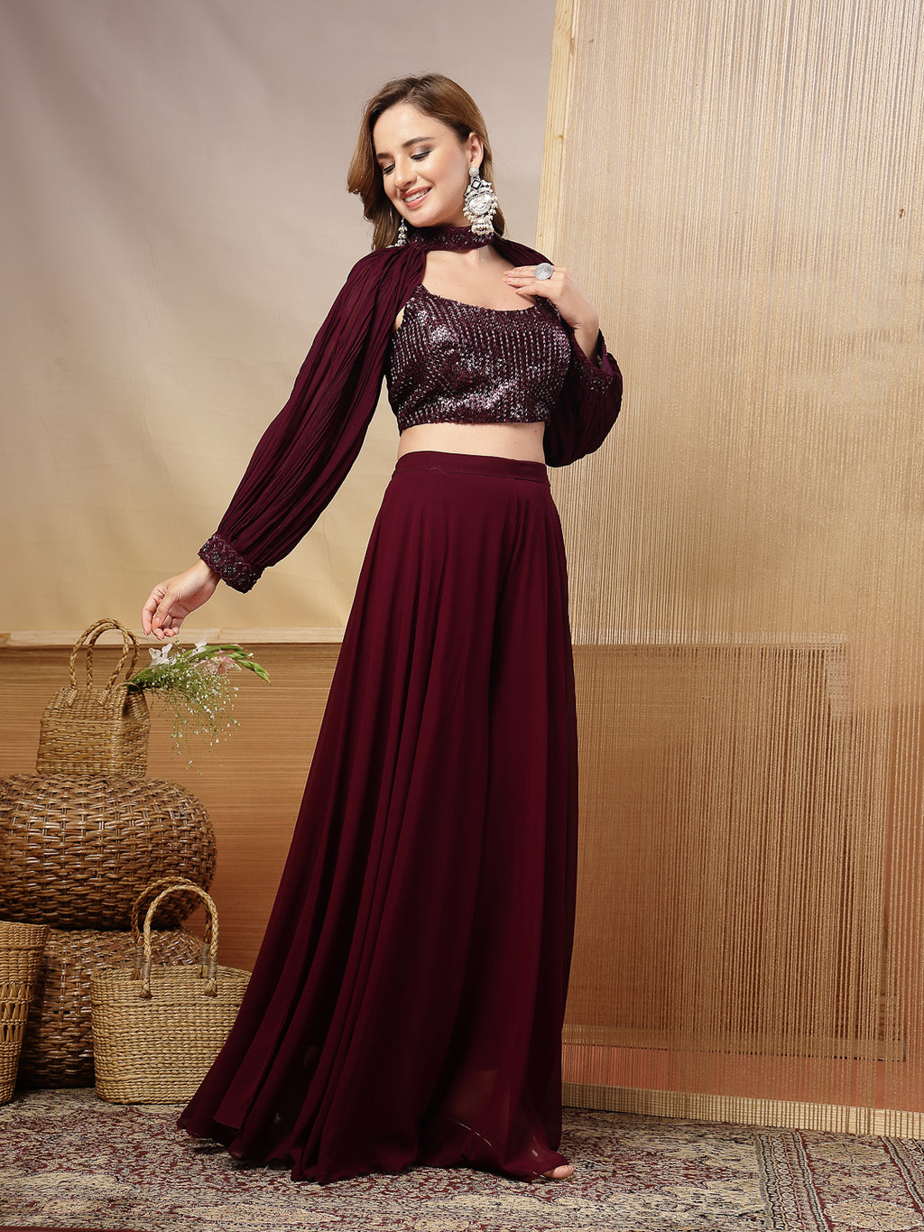 Women's Wine Solid & Embroidered Georgette Co-Ord Set