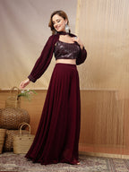 Women's Wine Solid & Embroidered Georgette Co-Ord Set