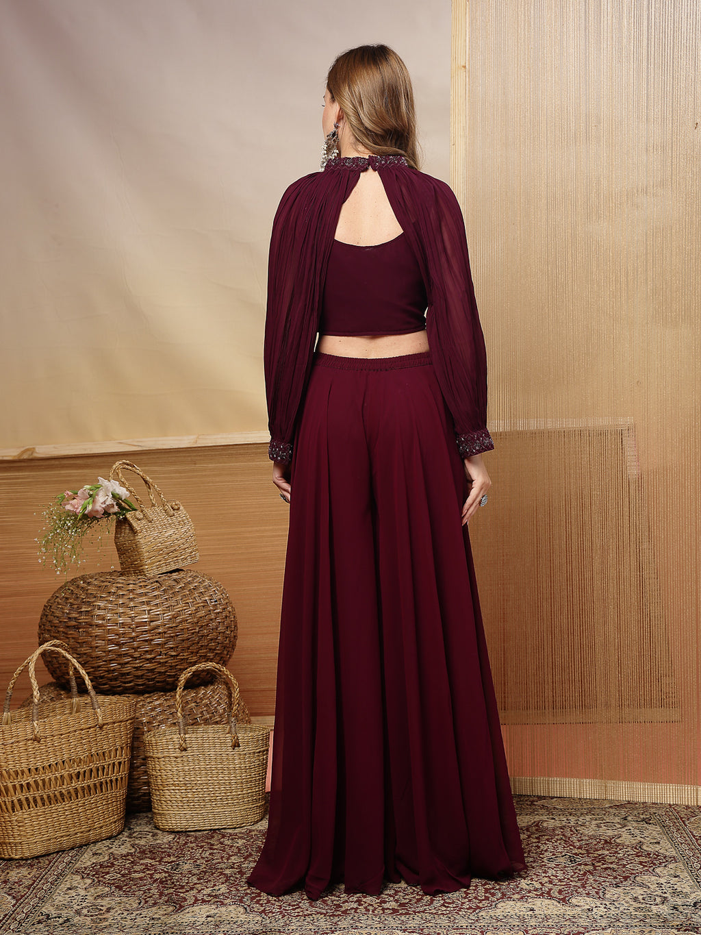 Women's Wine Solid & Embroidered Georgette Co-Ord Set